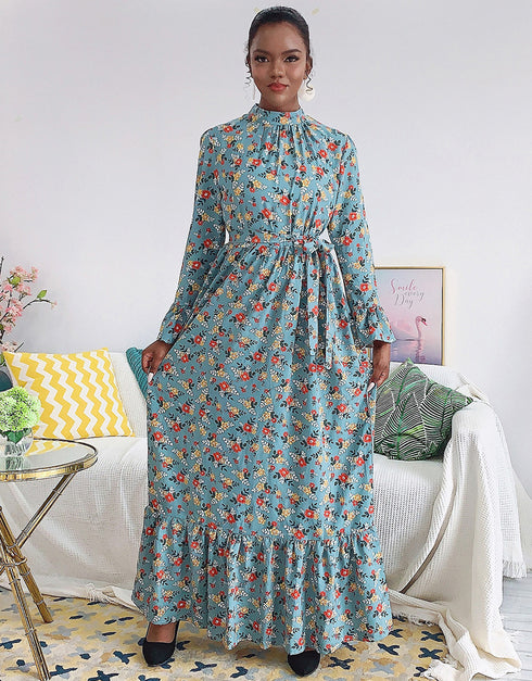 Flared Sleeve Abaya with Waist Tie Kaftan Dress